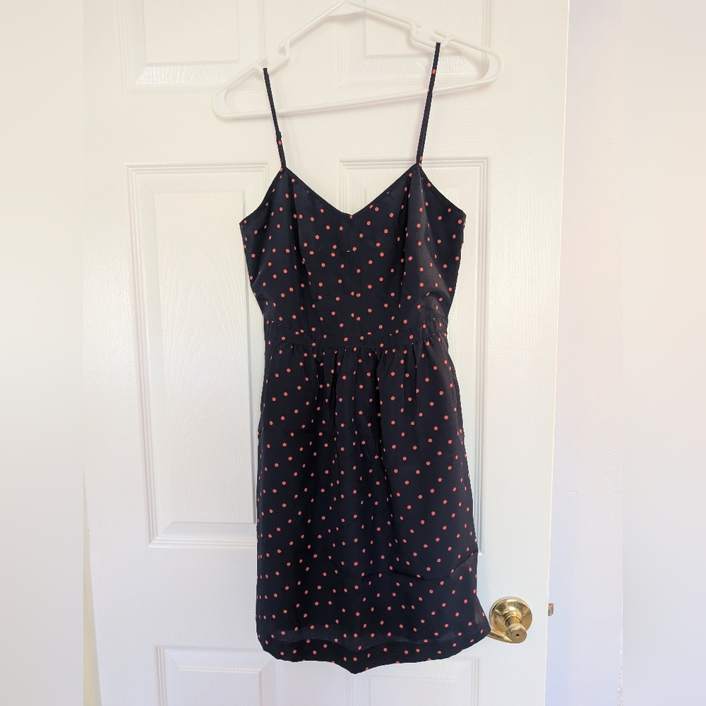 JCREW Navy/Pink Polka Dot Spaghetti Strap Mini Dress Lined Size 0
